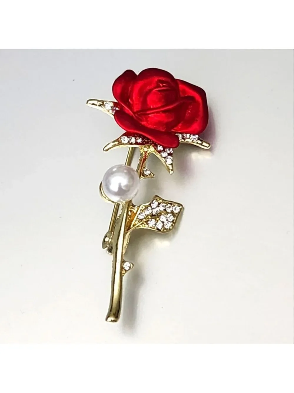 RED Long Stem Rose With Simulated Diamond Thorns Brooch Beautiful Enamel Colors